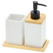 Jogo de Banheiro Cerâmica e Bambu Branco 03 Peças