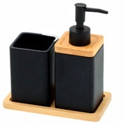 Jogo de banheiro de cerâmica com bandeja de bambu 03 peças
