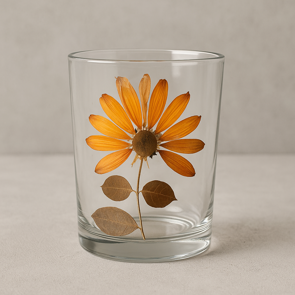Copo de Vidro Artesanal Gerbera 300ml com Folhas Naturais