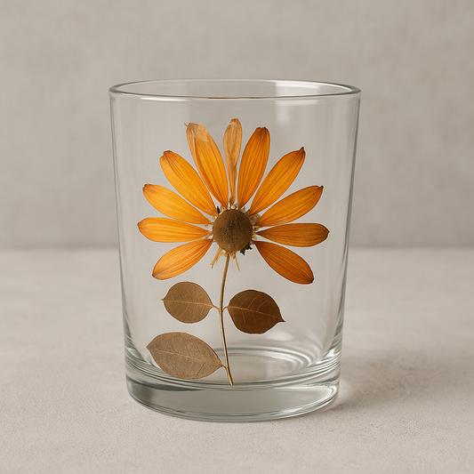 Copo de Vidro Artesanal Gerbera 300ml com Folhas Naturais
