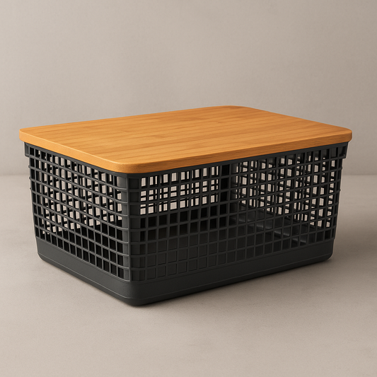 Cesto organizador com tampa de bambu preto 8L